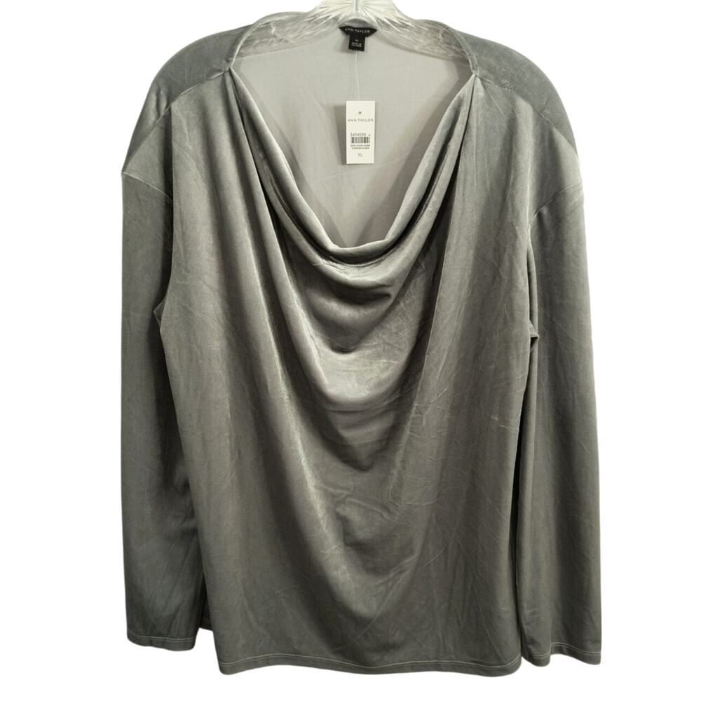 Ann Taylor Crushed Velvet Top Wmn's Sz XL Silver Draped Neck Long sleeve popover